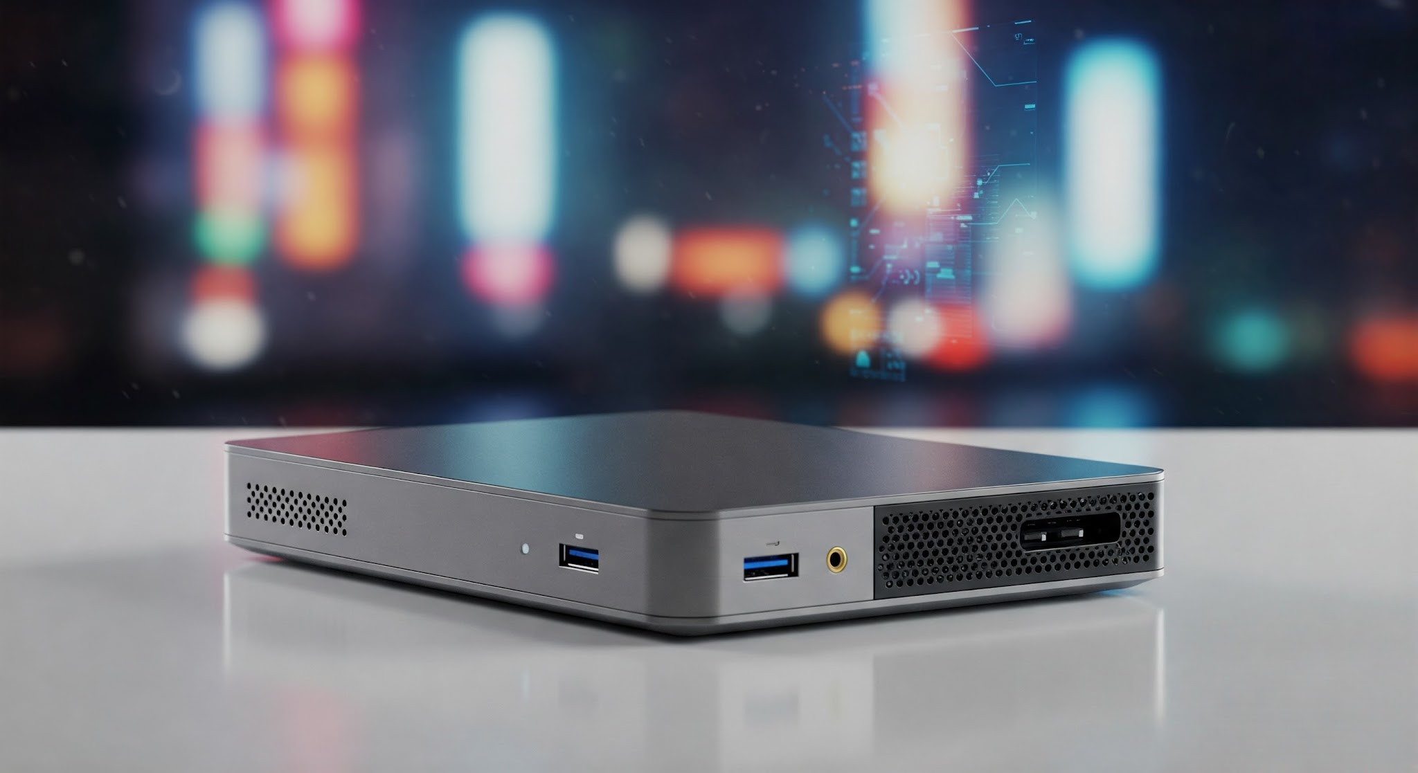 Render a picture of a futuristic looking mini net PC without a screen called Juno Nexus